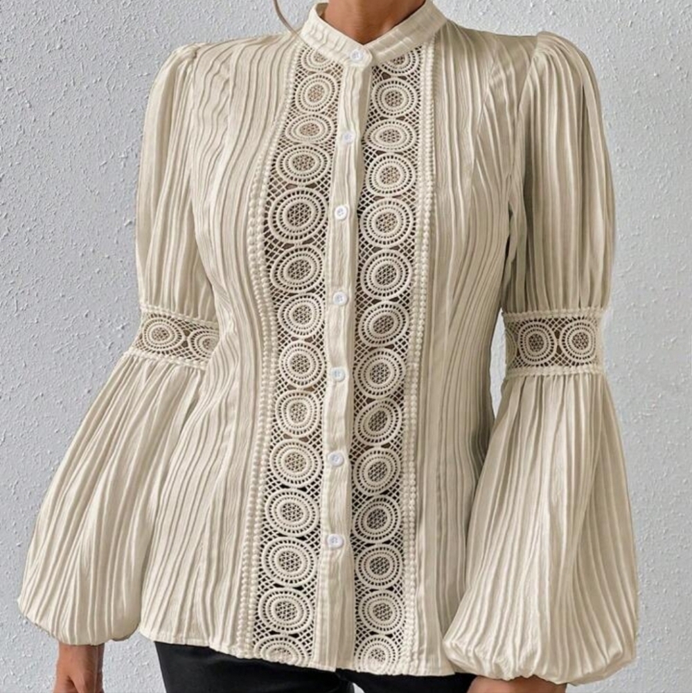 Women's Lace Splicing Lantern Sleeve Shirt - Picture 6 of 7